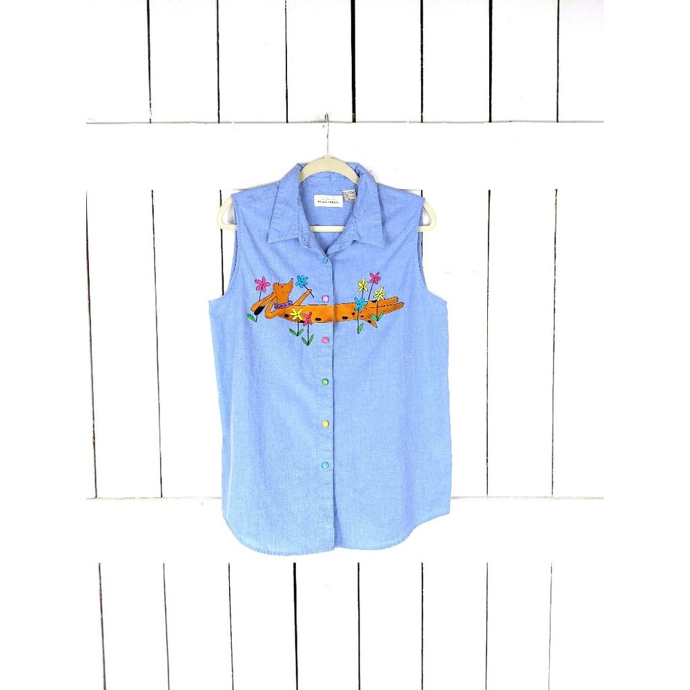 Blue cotton denim sleeveless embroidered dog floral collared shirt